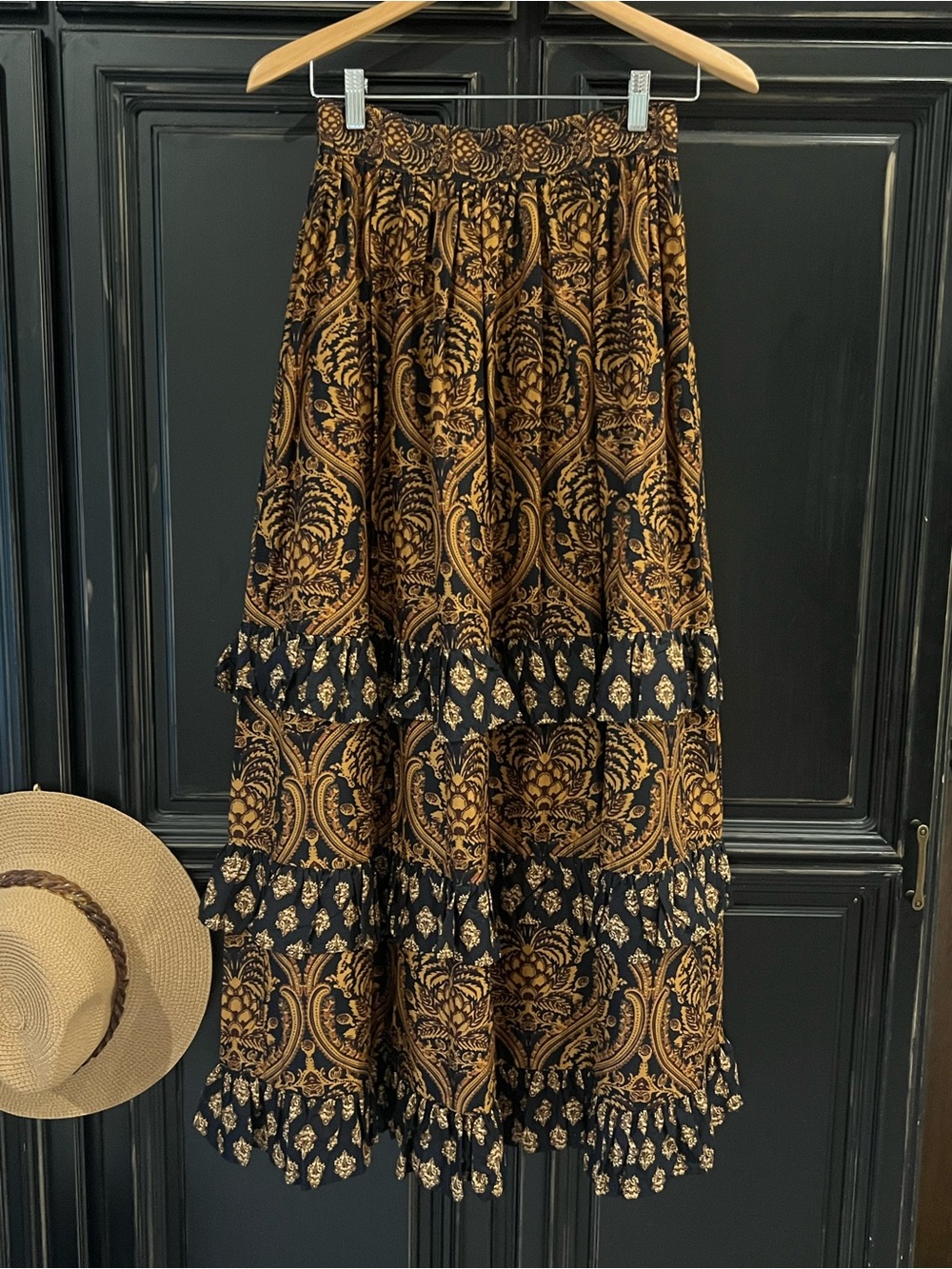 A loves A Bohemian Black and Gold Tiered Maxi Skirt